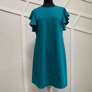 Calvin Klein Ruffeled Sleeve Dress Women’s size 10 Teel Green Short Back Zipper